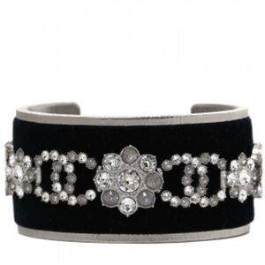 CHANEL 
Metal Velvet Crystal CC Flower Cuff Bracelet Silver Black